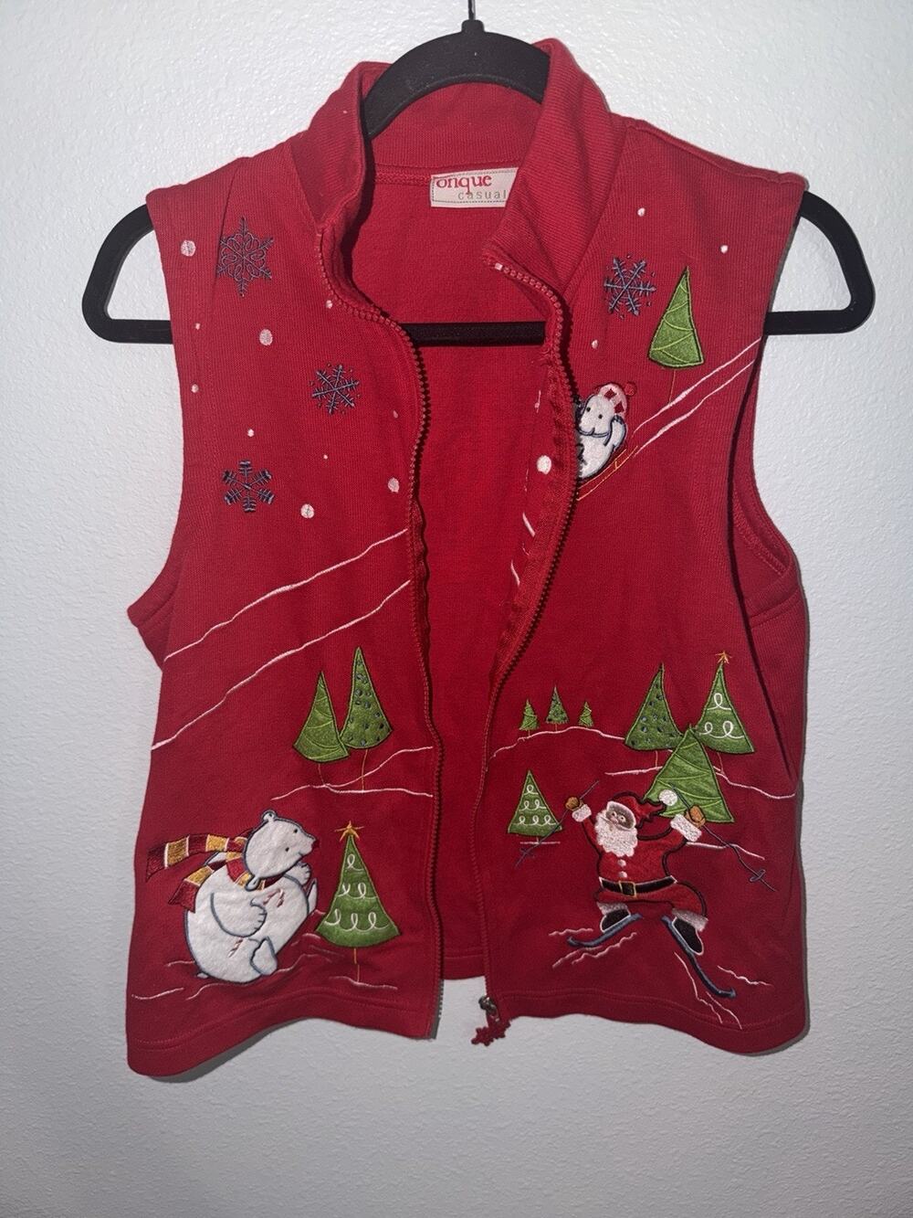 Vintage Christmas Sweater Sz Large Red Fleece Zip Up Vest Snowman Trees (AP8)